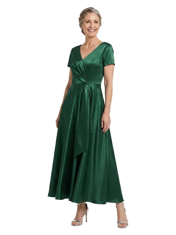 ChicSew V-Neck Short Sleeve Satin A-Line Long Mother of the Bride Dress made by ChicSew