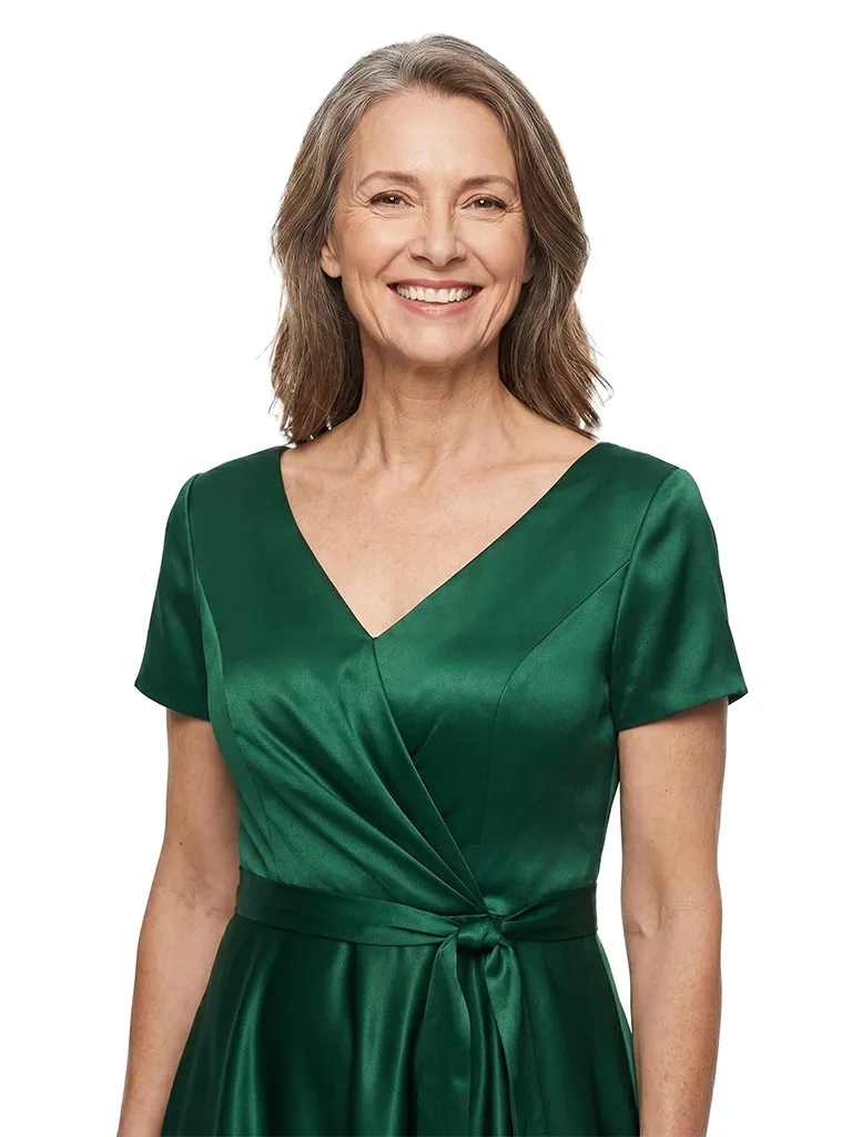 ChicSew V-Neck Short Sleeve Satin A-Line Long Mother of the Bride Dress sold by ChicSew product image thumbnail 2