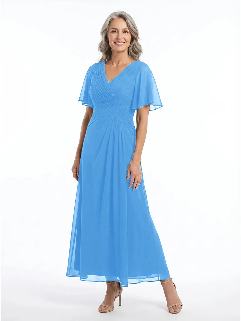 ChicSew V-Neck Flutter Sleeve Pleated Chiffon Ankle Length A-Line Mother of the Bride Dress sold by ChicSew product image thumbnail 5