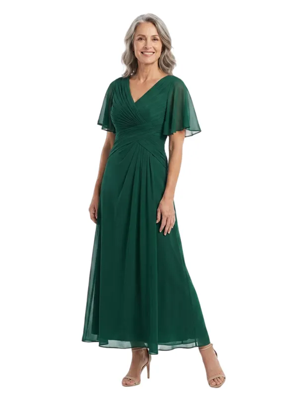 ChicSew V-Neck Flutter Sleeve Pleated Chiffon Ankle Length A-Line Mother of the Bride Dress made by ChicSew