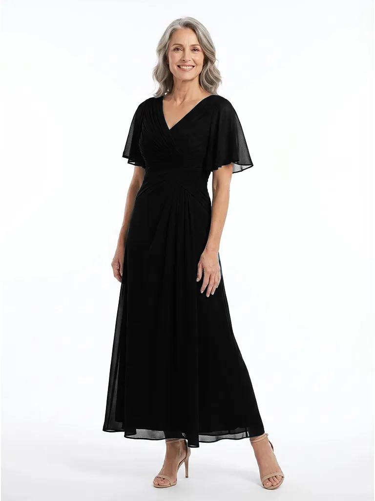 ChicSew V-Neck Flutter Sleeve Pleated Chiffon Ankle Length A-Line Mother of the Bride Dress sold by ChicSew product image thumbnail 4