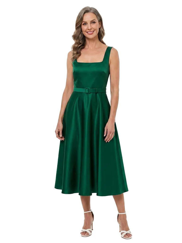 ChicSew Square Sleeveless Belted Satin Midi A-Line Mother of the Bride Dress sold by ChicSew