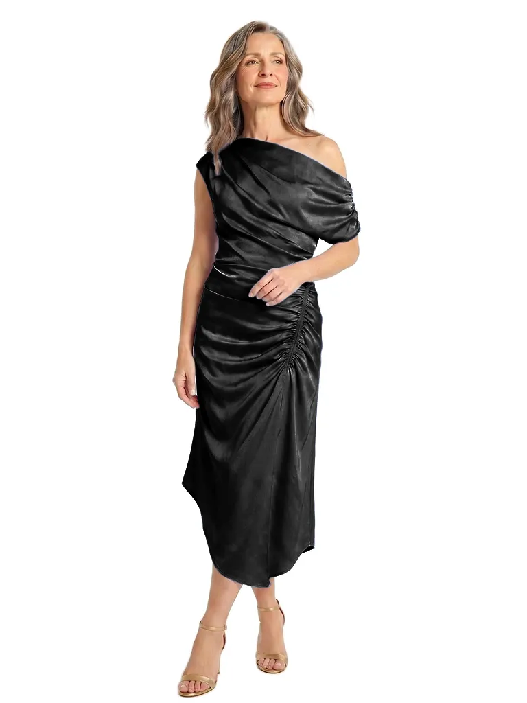 ChicSew Modern Asymmetrical Neck Ruched Satin Mother Of The Bride Dress In Elegant Midi Length sold by ChicSew product image thumbnail 4