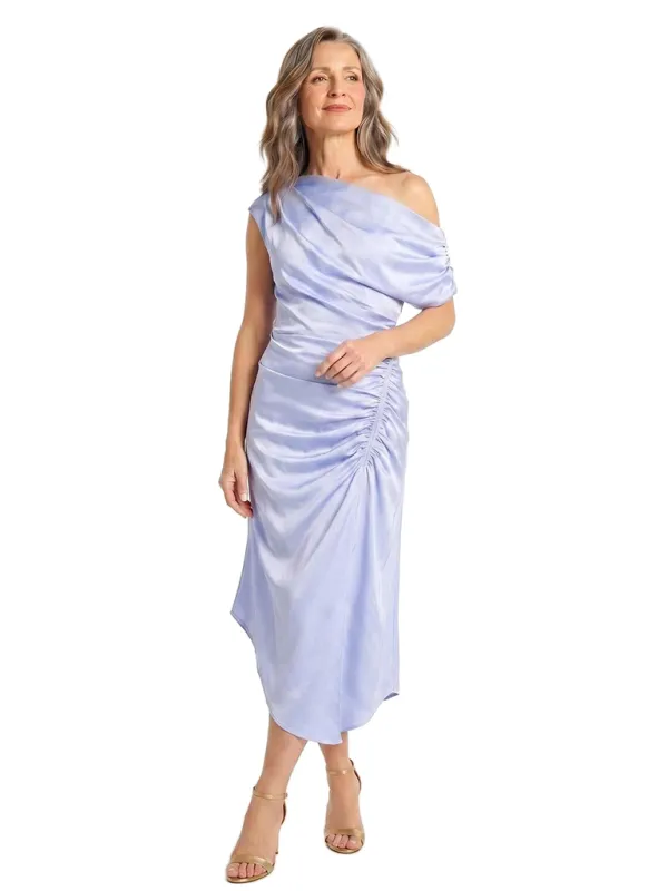 ChicSew Modern Asymmetrical Neck Ruched Satin Mother Of The Bride Dress In Elegant Midi Length made by ChicSew