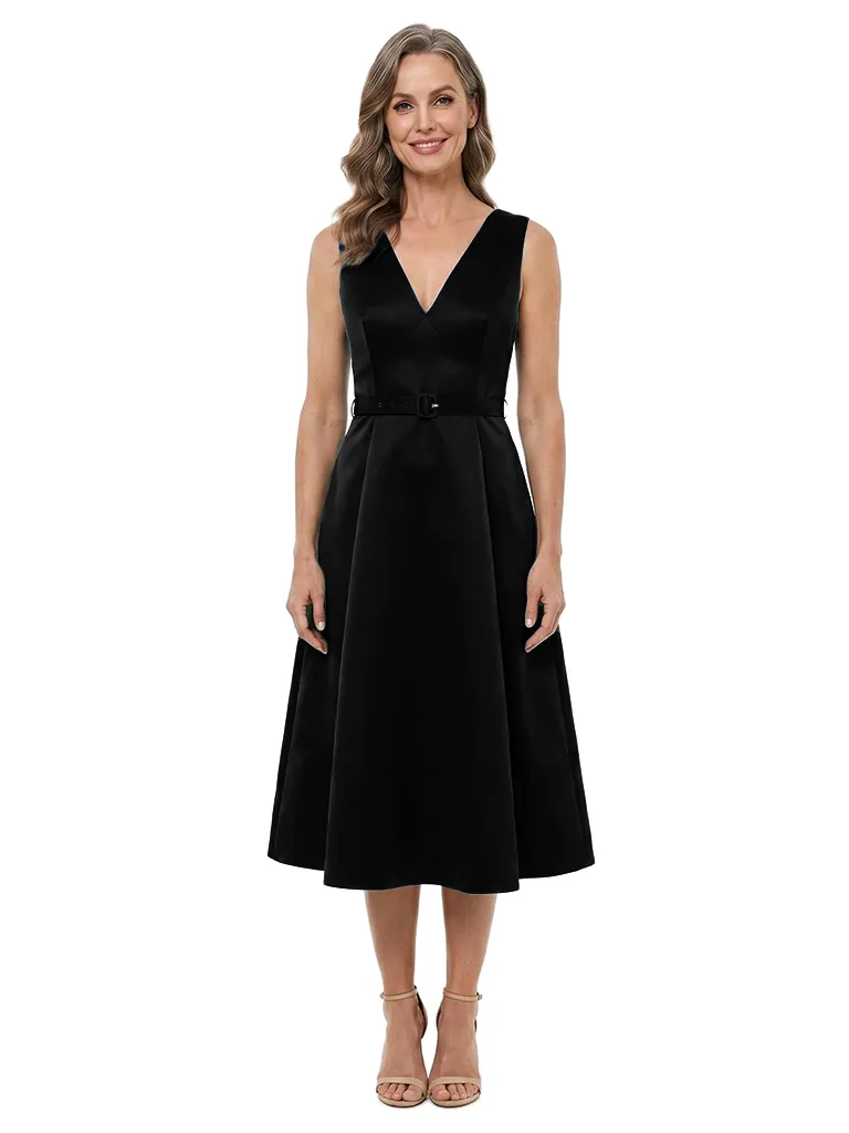 ChicSew V-Neck Sleeveless Belted Satin Tea Length A-Line Mother of the Bride Dress sold by ChicSew product image thumbnail 4