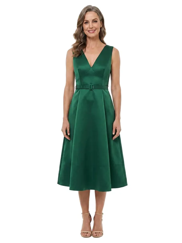 ChicSew V-Neck Sleeveless Belted Satin Tea Length A-Line Mother of the Bride Dress made by ChicSew