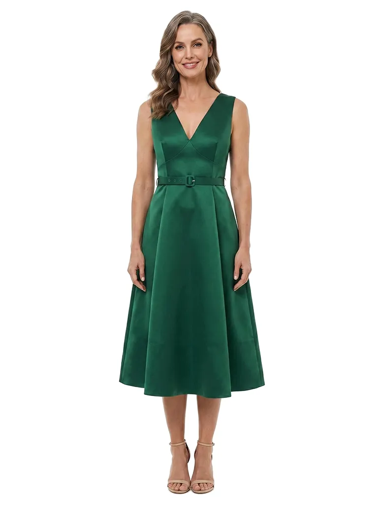 ChicSew V-Neck Sleeveless Belted Satin Tea Length A-Line Mother of the Bride Dress sold by ChicSew