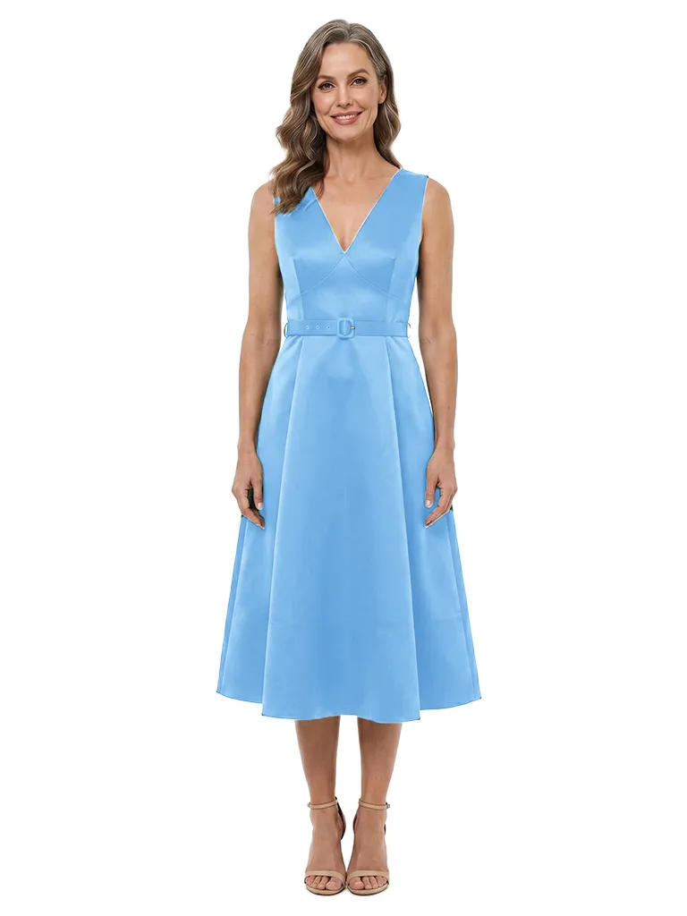 ChicSew V-Neck Sleeveless Belted Satin Tea Length A-Line Mother of the Bride Dress sold by ChicSew product image thumbnail 5
