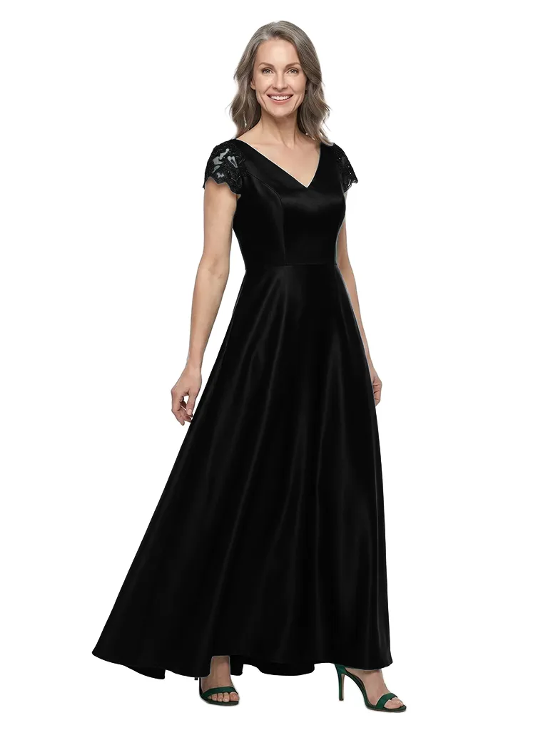 ChicSew V-Neck Short Sleeve Lace Applique Satin Floor Length A-Line Mother of the Bride Dress sold by ChicSew product image thumbnail 4