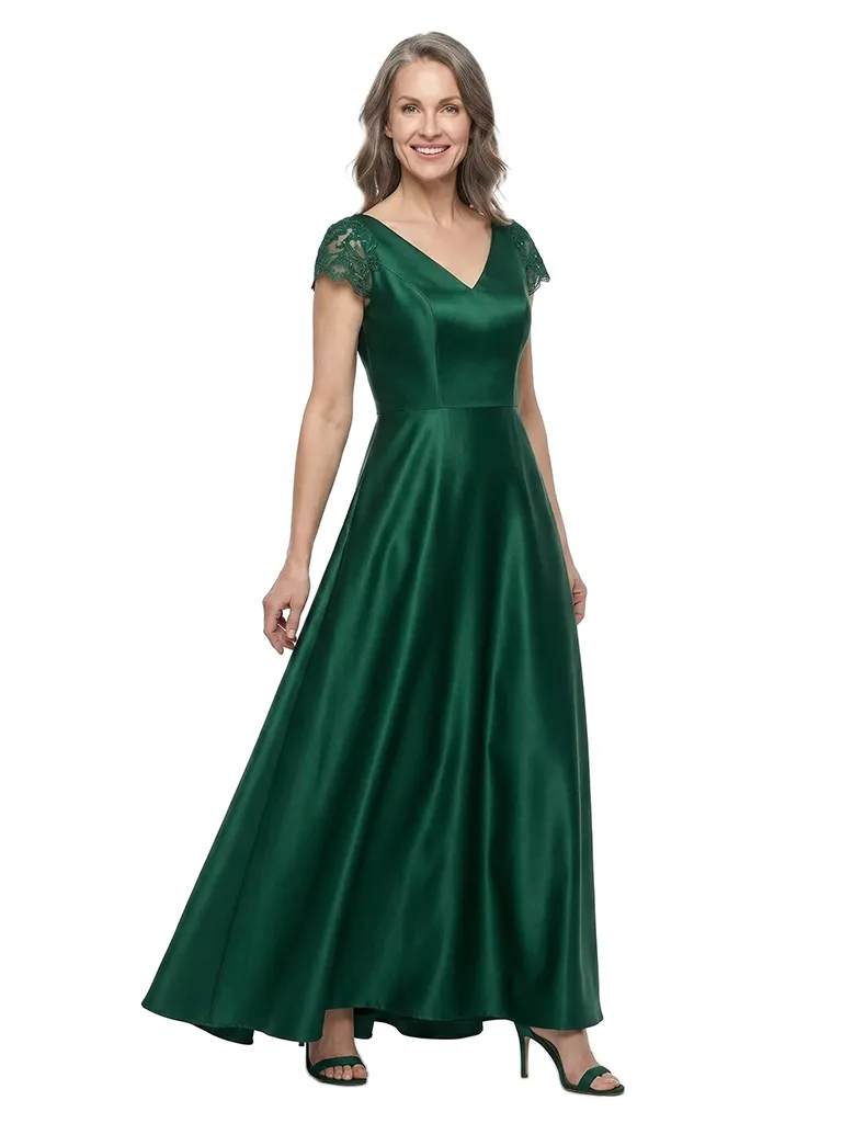 ChicSew V-Neck Short Sleeve Lace Applique Satin Floor Length A-Line Mother of the Bride Dress sold by ChicSew