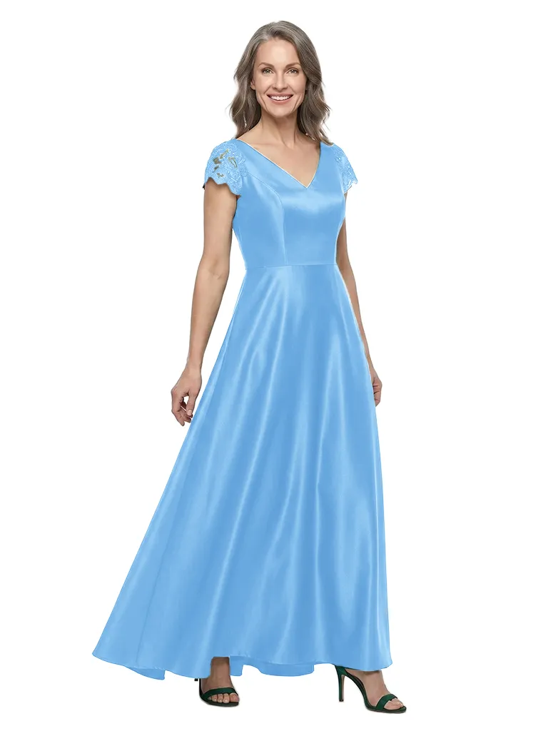 ChicSew V-Neck Short Sleeve Lace Applique Satin Floor Length A-Line Mother of the Bride Dress sold by ChicSew product image thumbnail 5