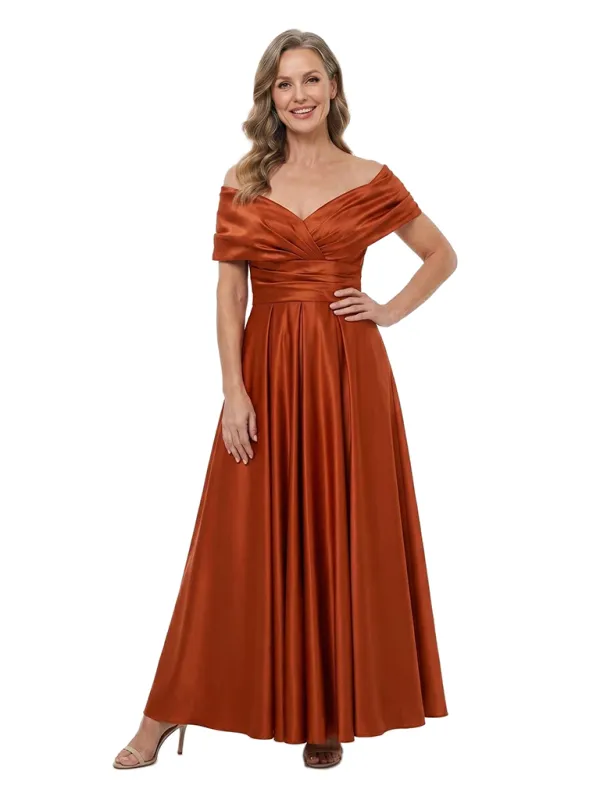 ChicSew Off Shoulder Satin Floor-Length Ruched A-Line Mother of the Bride Dress made by ChicSew