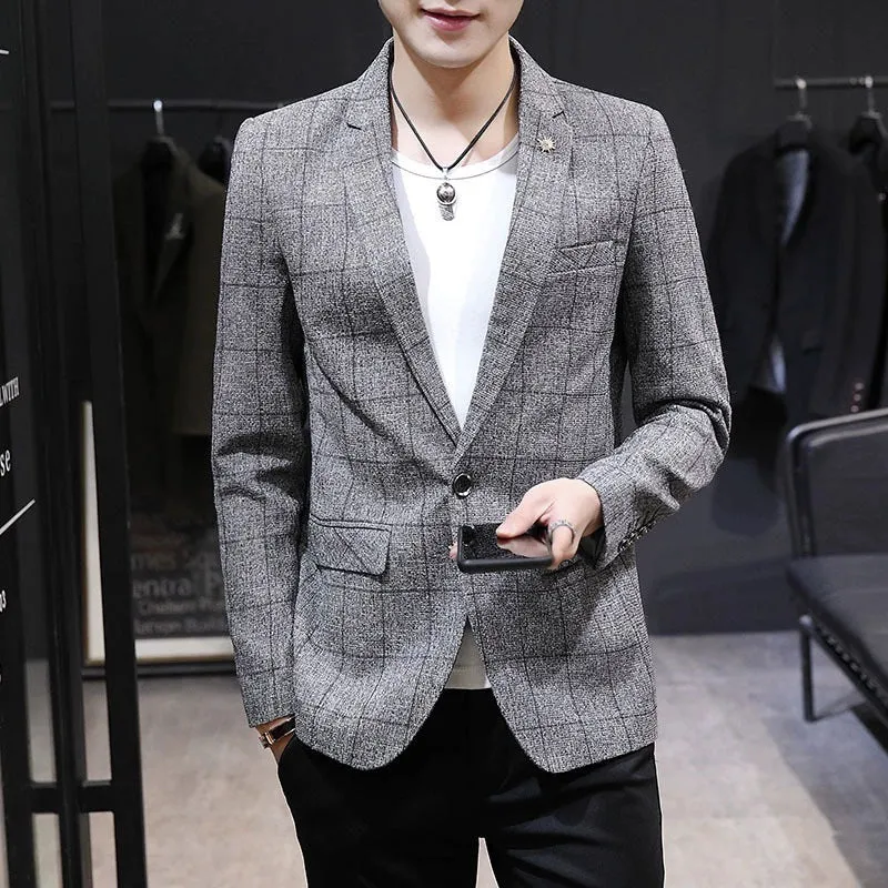 Grey Casual Collar Coat Jacket Slim Button Small Suit Strips Single Jacket sold by ChicSew