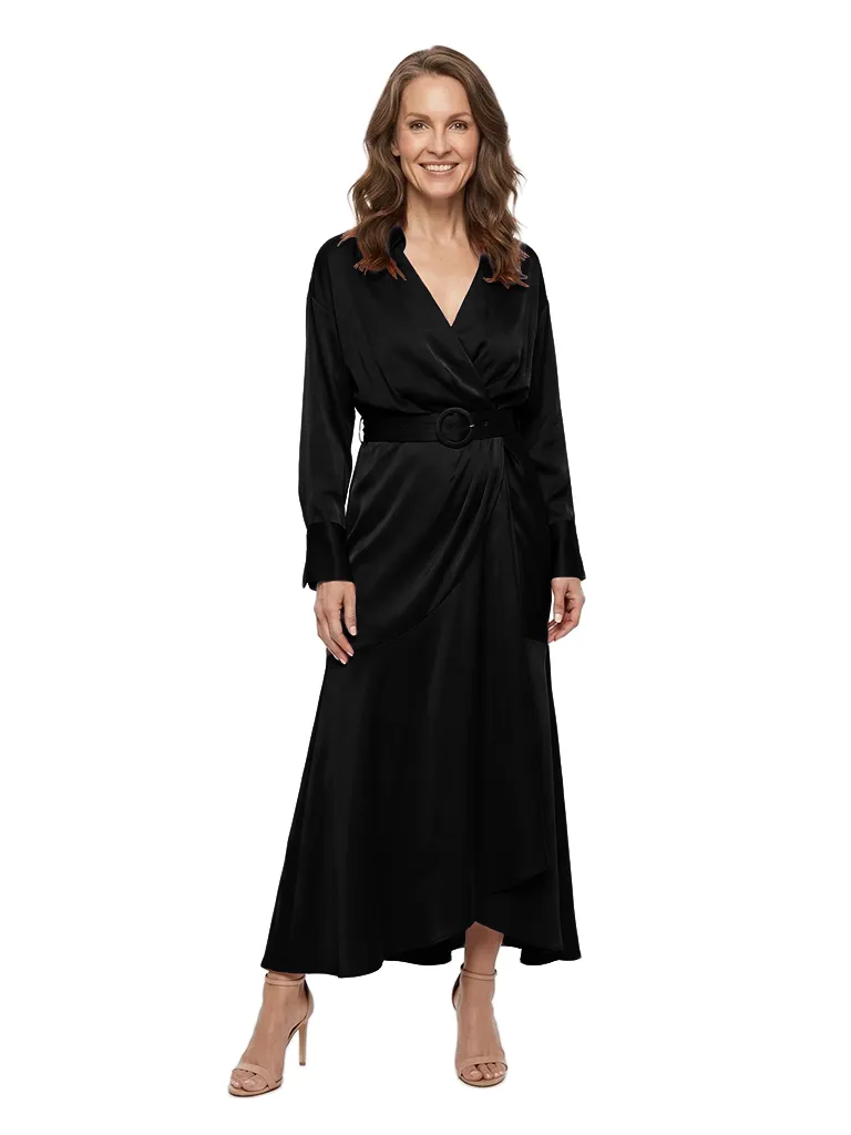 ChicSew Sophisticated V-Neck A-Line Mother Of The Groom Dresses Long Sleeves Belted Satin Wrap Maxi Gown sold by ChicSew product image thumbnail 4
