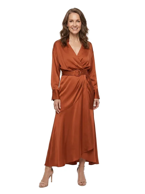 ChicSew Sophisticated V-Neck A-Line Mother Of The Groom Dresses Long Sleeves Belted Satin Wrap Maxi Gown made by ChicSew