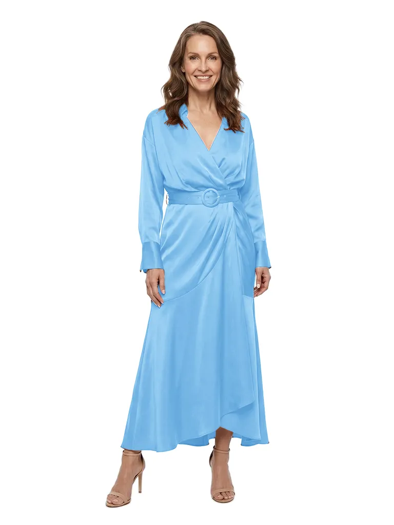 ChicSew Sophisticated V-Neck A-Line Mother Of The Groom Dresses Long Sleeves Belted Satin Wrap Maxi Gown sold by ChicSew product image thumbnail 5