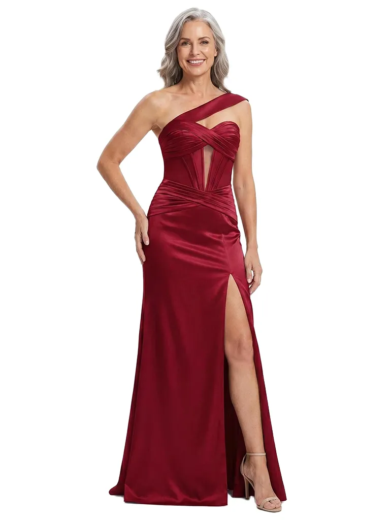 ChicSew One Shoulder Boning Side Slit Ruched Satin Floor-Length Mermaid Mother of the Bride Dress sold by ChicSew