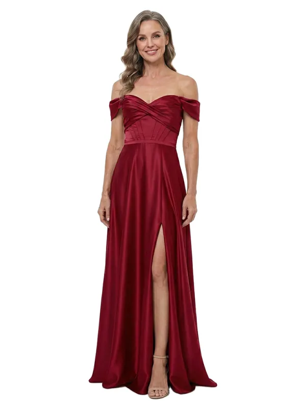 ChicSew Off Shoulder Sweetheart Side Slit Satin Floor-Length A-Line Mother of the Bride Dress made by ChicSew
