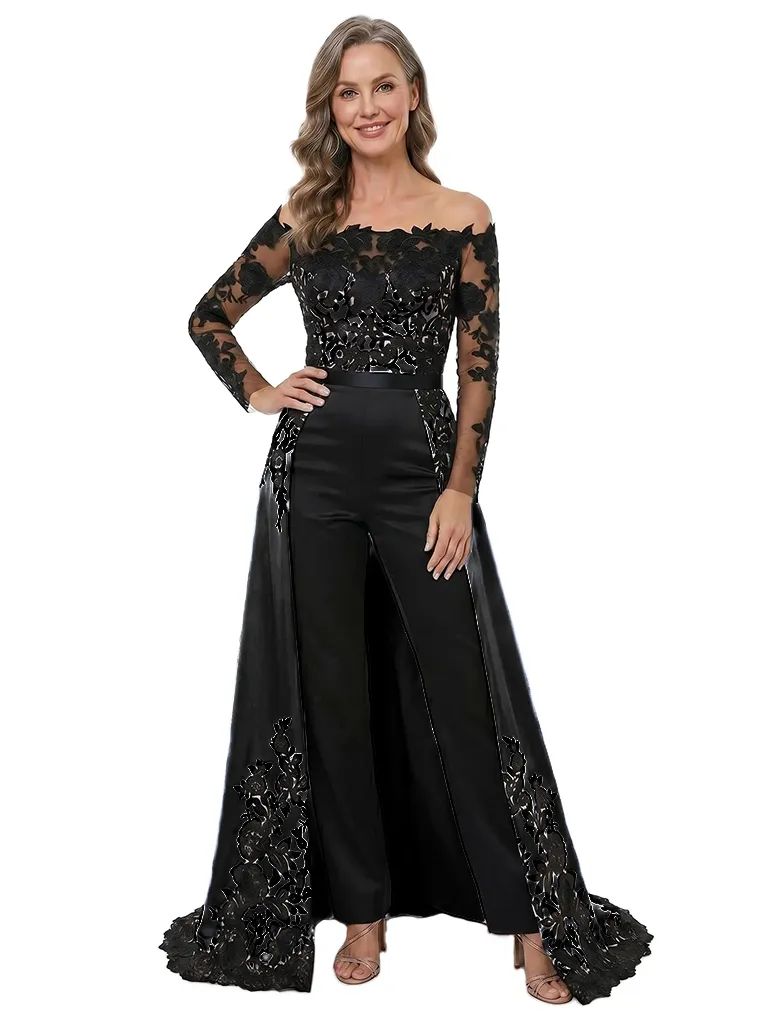 ChicSew Lace Satin Jumpsuit With Overskirt Mother Of The Groom Outfits Long Sleeve Floral Unique sold by ChicSew product image thumbnail 4