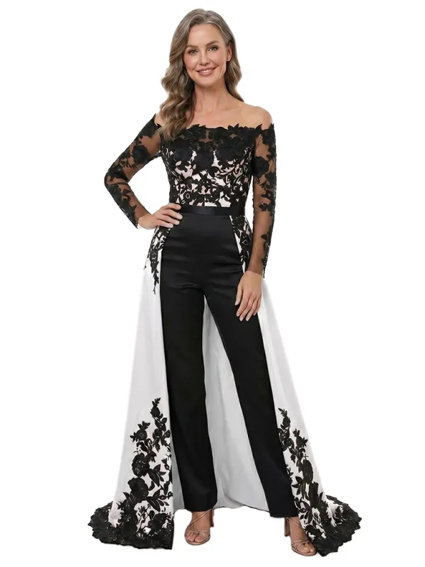 ChicSew Lace Satin Jumpsuit With Overskirt Mother Of The Groom Outfits Long Sleeve Floral Unique made by ChicSew