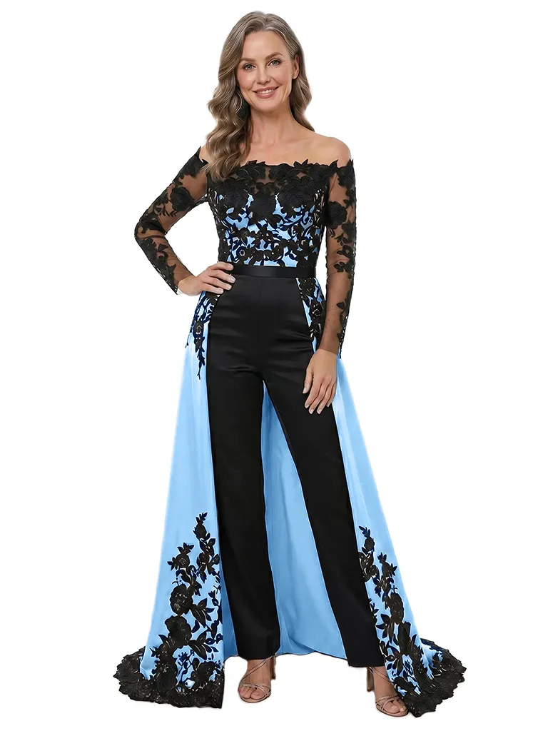 ChicSew Lace Satin Jumpsuit With Overskirt Mother Of The Groom Outfits Long Sleeve Floral Unique sold by ChicSew product image thumbnail 5