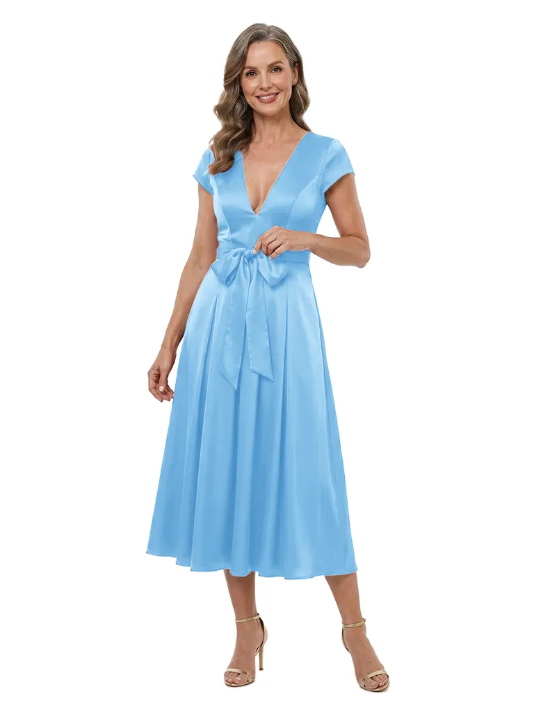 ChicSew V-Neck Satin Tea-Length Pleated A-Line Mother Of The Bride Dresses Modern With Bow Detail sold by ChicSew product image thumbnail 5