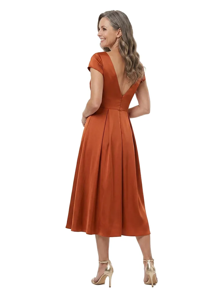ChicSew V-Neck Satin Tea-Length Pleated A-Line Mother Of The Bride Dresses Modern With Bow Detail sold by ChicSew product image thumbnail 3