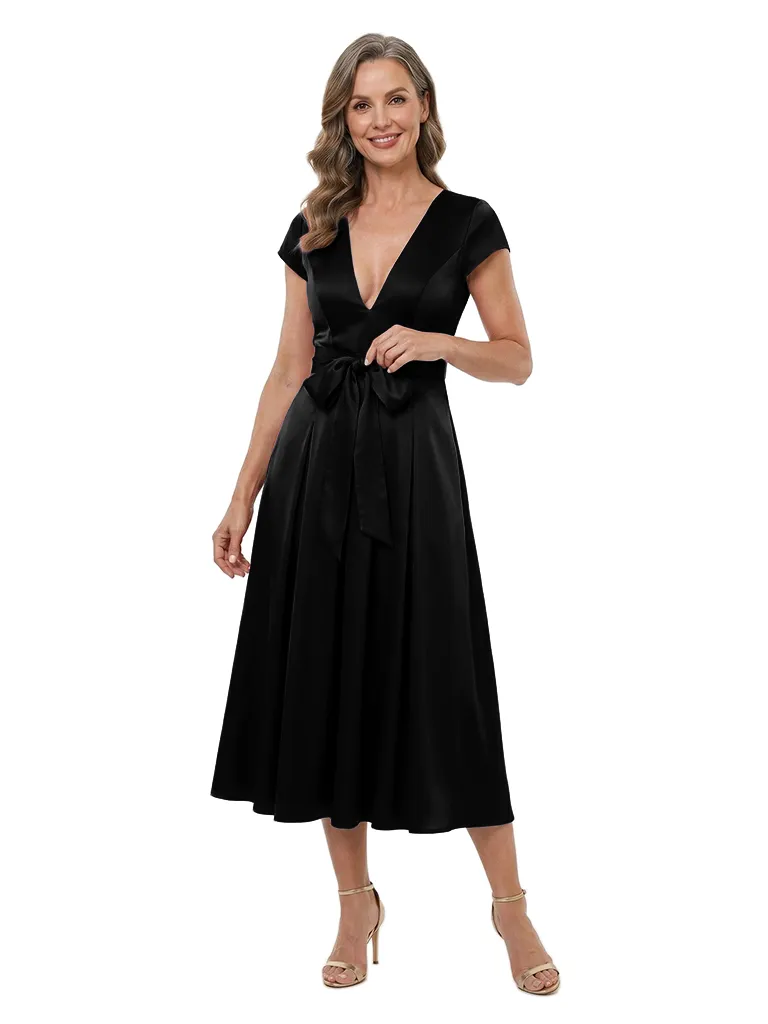 ChicSew V-Neck Satin Tea-Length Pleated A-Line Mother Of The Bride Dresses Modern With Bow Detail sold by ChicSew product image thumbnail 4