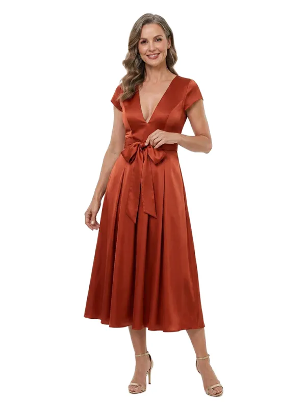 ChicSew V-Neck Satin Tea-Length Pleated A-Line Mother Of The Bride Dresses Modern With Bow Detail made by ChicSew