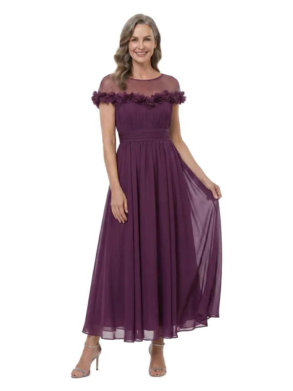 ChicSew Illusion 3D Floral Chiffon Tea‑Length Mother of the Bride Dress Short Sleeve Formal Party Gown made by ChicSew