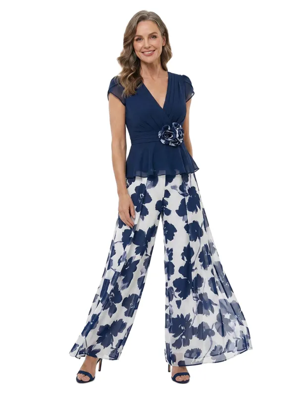 ChicSew Pretty Chiffon V-Neck Jumpsuit For Mother Of The Bride With Flower Detail made by ChicSew