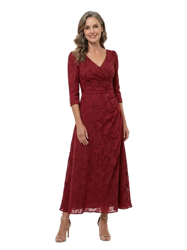 Chicsew Elegant V-Neck 3/4 Sleeves Floral Burnout Chiffon A-line Formal Mother of Bride Dress made by ChicSew