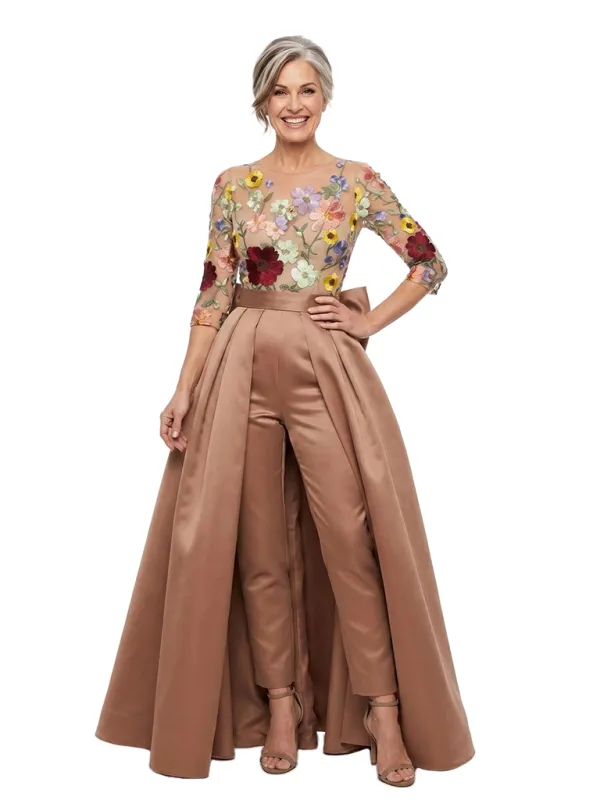 Chicsew Floral Embroidery Mesh Jumpsuit With Overskirt Mother of the Bride Pant Suit Formal Evening Wear made by ChicSew