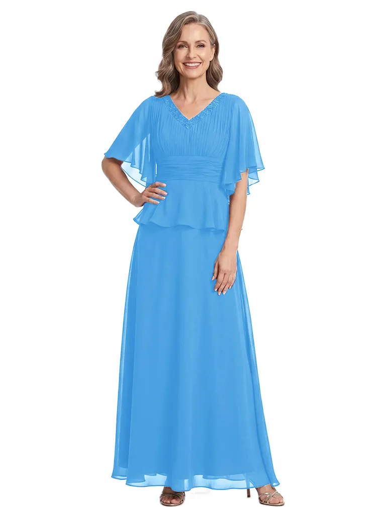 ChicSew V-Neck Flutter Sleeve Beaded Chiffon Floor Length A-Line Mother of the Bride Dress sold by ChicSew product image thumbnail 5