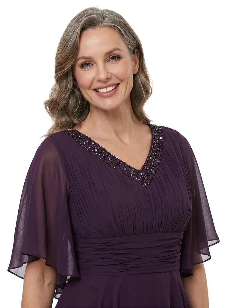 ChicSew V-Neck Flutter Sleeve Beaded Chiffon Floor Length A-Line Mother of the Bride Dress sold by ChicSew product image thumbnail 2