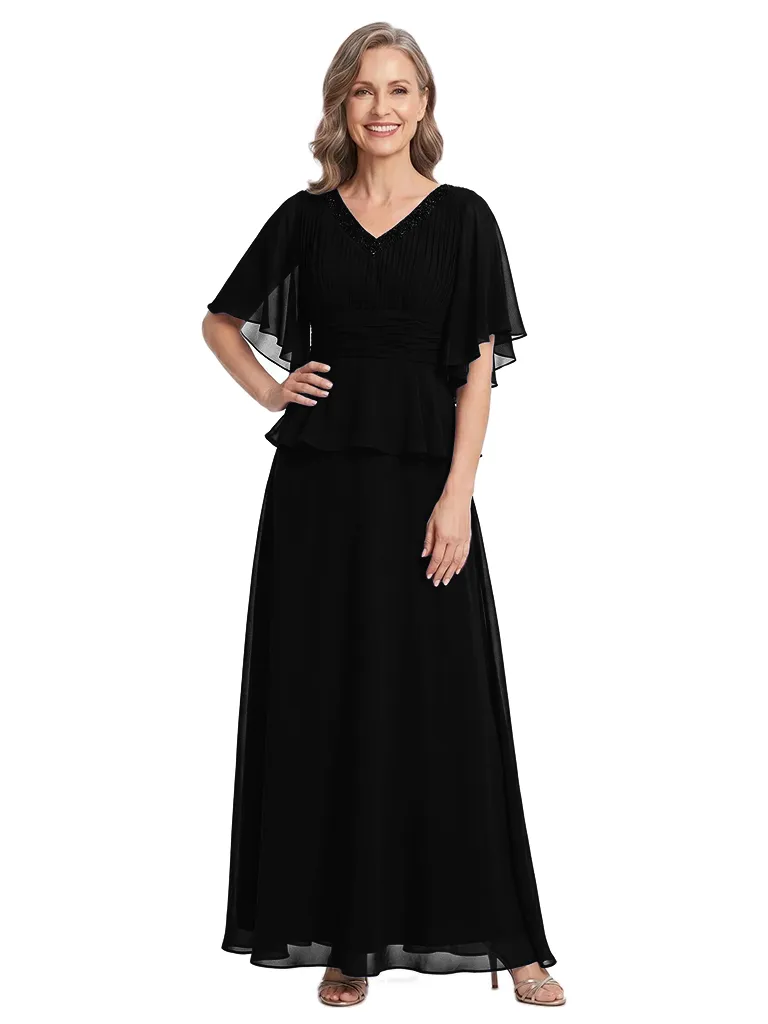 ChicSew V-Neck Flutter Sleeve Beaded Chiffon Floor Length A-Line Mother of the Bride Dress sold by ChicSew product image thumbnail 4