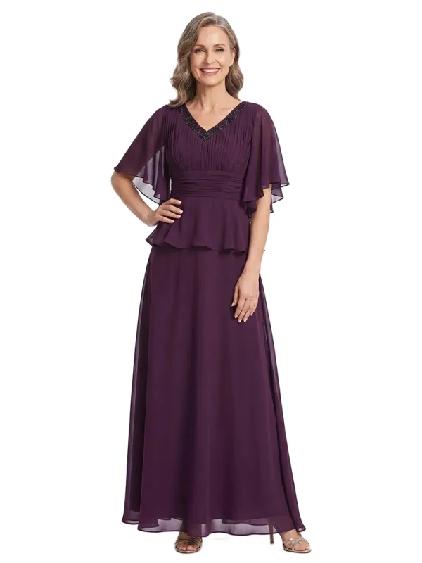 ChicSew V-Neck Flutter Sleeve Beaded Chiffon Floor Length A-Line Mother of the Bride Dress made by ChicSew