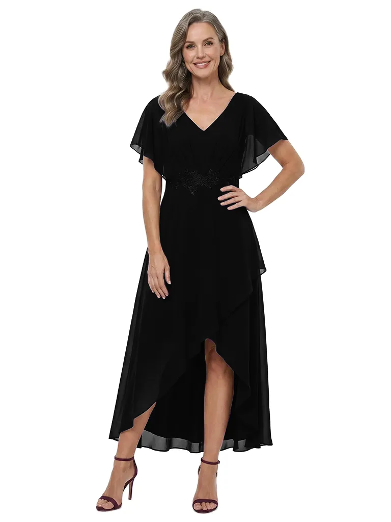 ChicSew V-Neck Flutter Sleeve Lace Applique Chiffon High-Low A-Line Mother of the Bride Dress sold by ChicSew product image thumbnail 4