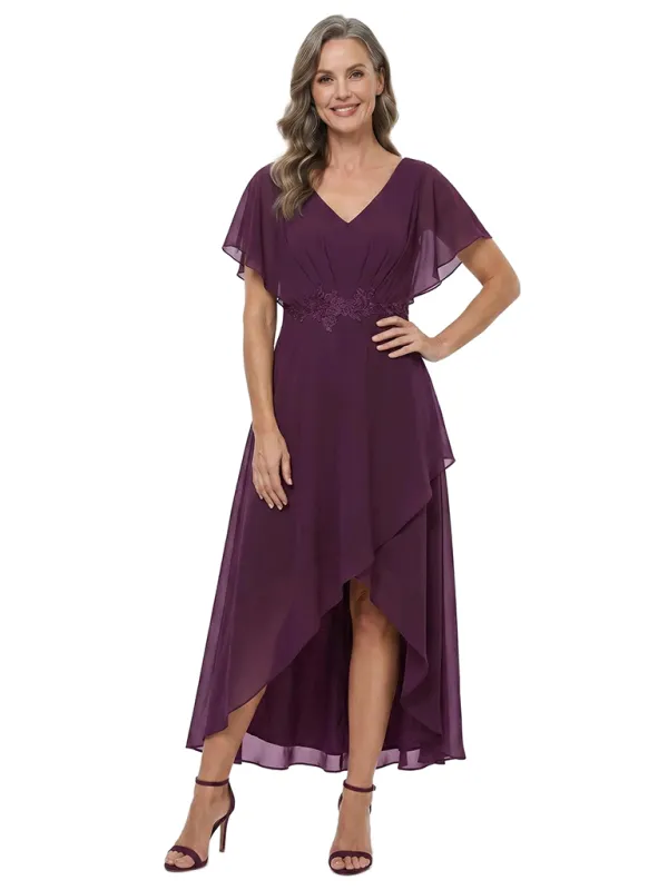 ChicSew V-Neck Flutter Sleeve Lace Applique Chiffon High-Low A-Line Mother of the Bride Dress made by ChicSew