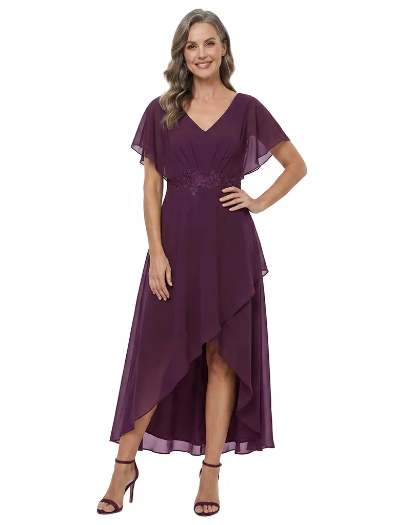 ChicSew V-Neck Flutter Sleeve Lace Applique Chiffon High-Low A-Line Mother of the Bride Dress sold by ChicSew