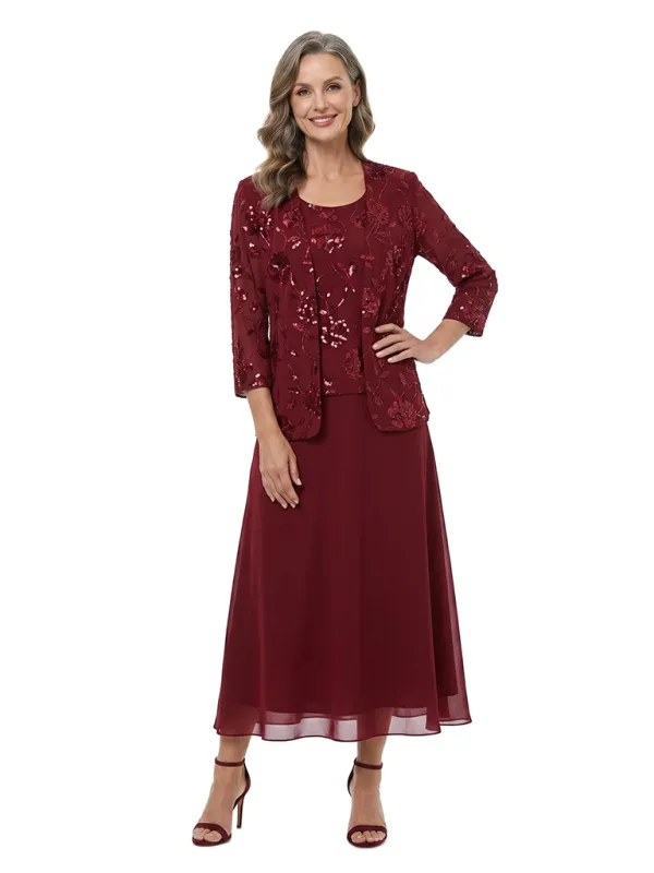 ChicSew Fancy Chiffon Sequin Mother Of The Groom Dress With Matching Jacket Scoop Neck Tea Length made by ChicSew