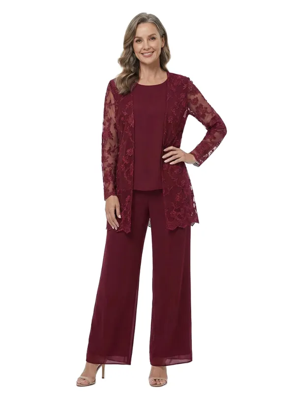 ChicSew Modern Mother Of The Bride Pant Suit Three Piece Set Lace Jacket Chiffon Trousers made by ChicSew