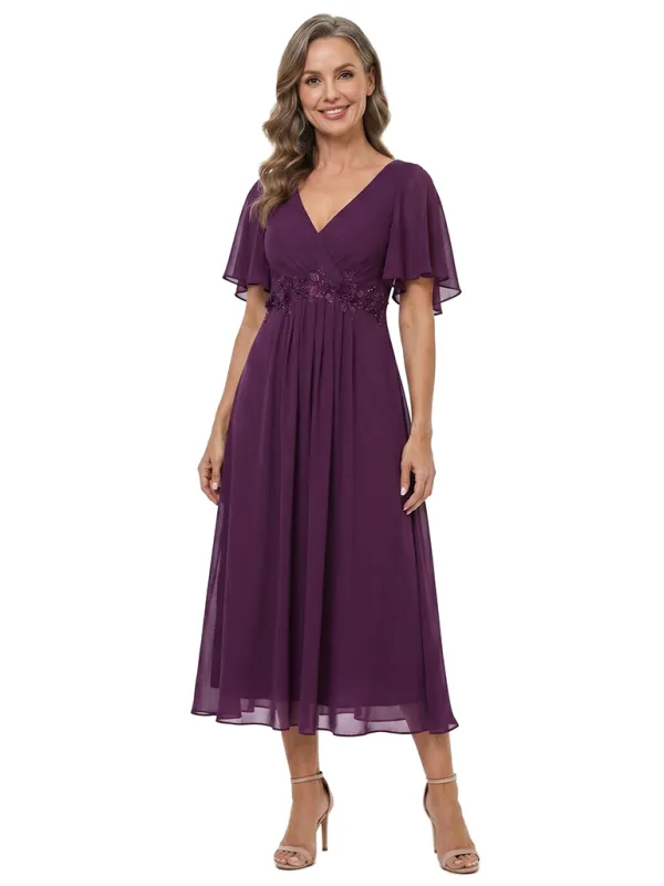 ChicSew V-Neck Flutter Sleeve Beaded Lace Applique Chiffon Tea Length A-Line Mother of the Bride Dress made by ChicSew