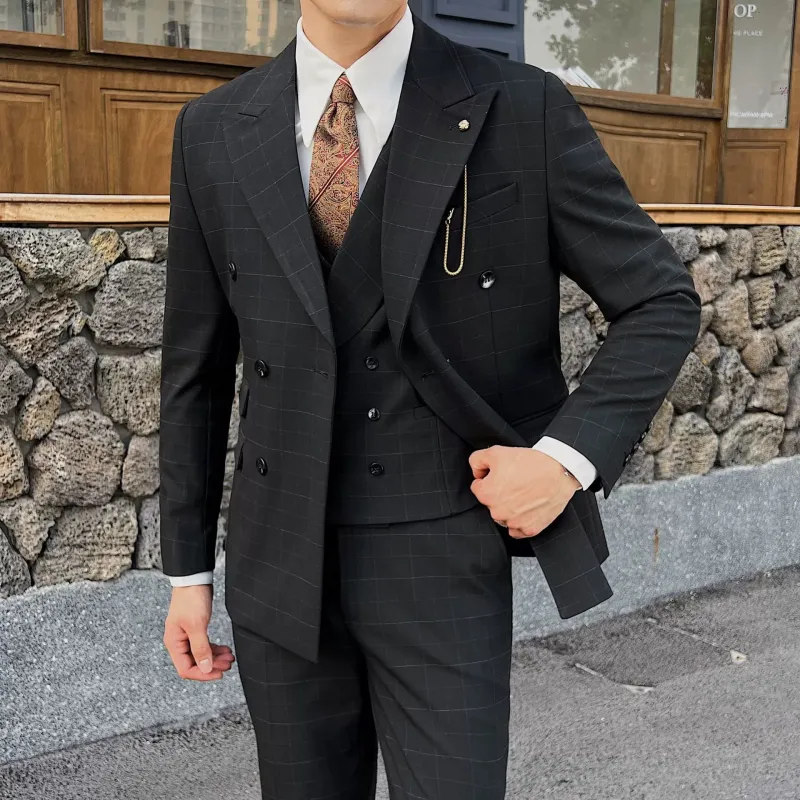 Black Classic 1 Piece Men's Suit British Slim Men Double-breasted Plaid Suit made by ChicSew