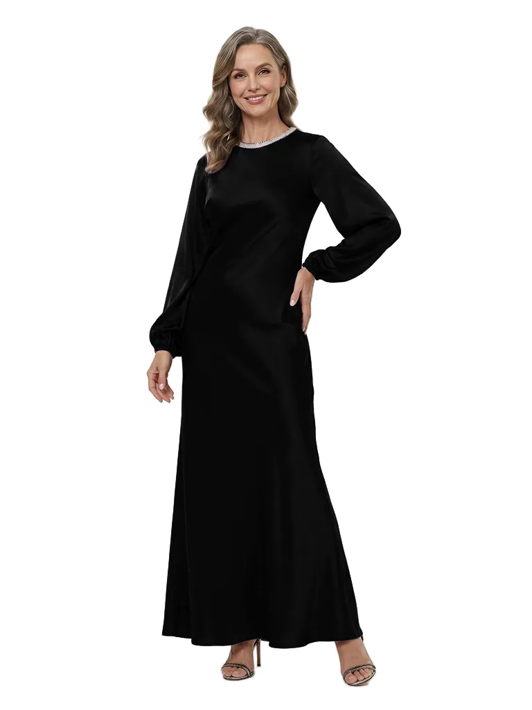 ChicSew Jewel Beaded Long Sleeve Satin Sheath Ankle-Length Mother of the Bride Dress sold by ChicSew product image thumbnail 4