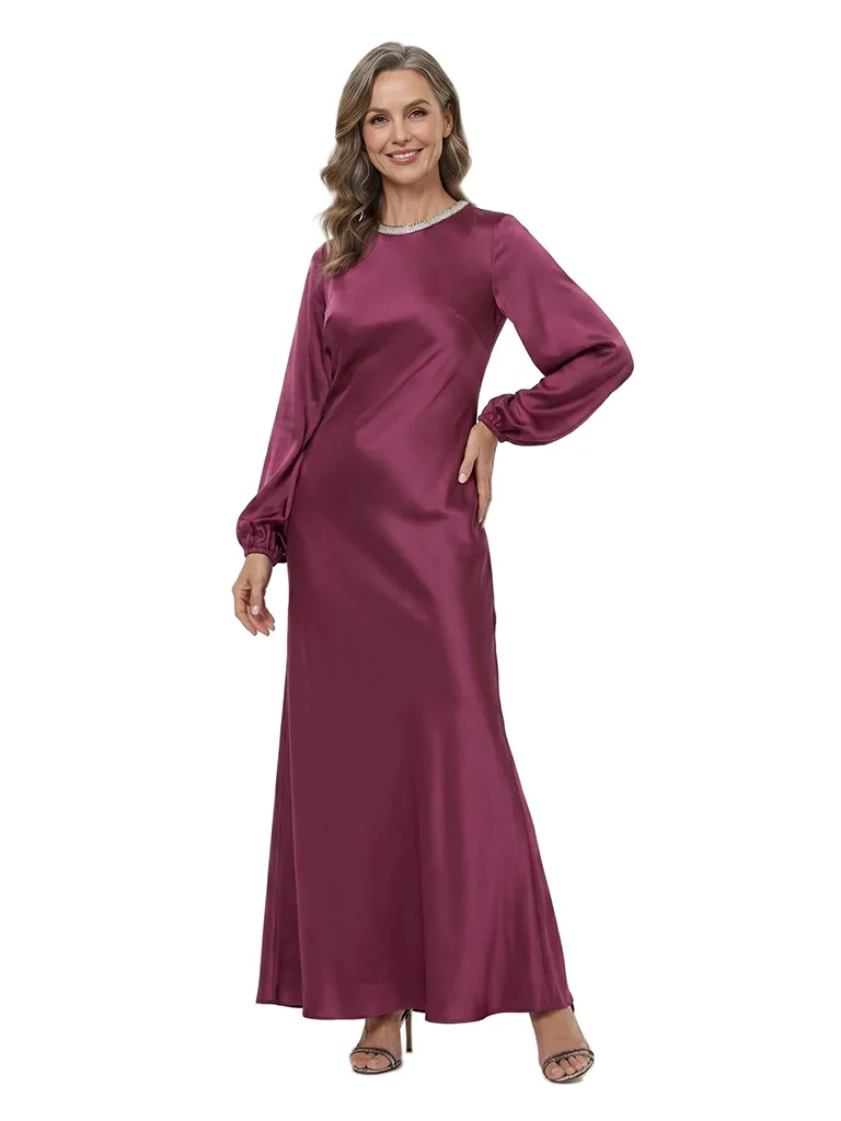 ChicSew Jewel Beaded Long Sleeve Satin Sheath Ankle-Length Mother of the Bride Dress sold by ChicSew