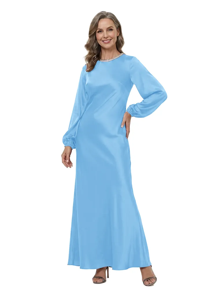 ChicSew Jewel Beaded Long Sleeve Satin Sheath Ankle-Length Mother of the Bride Dress sold by ChicSew product image thumbnail 5
