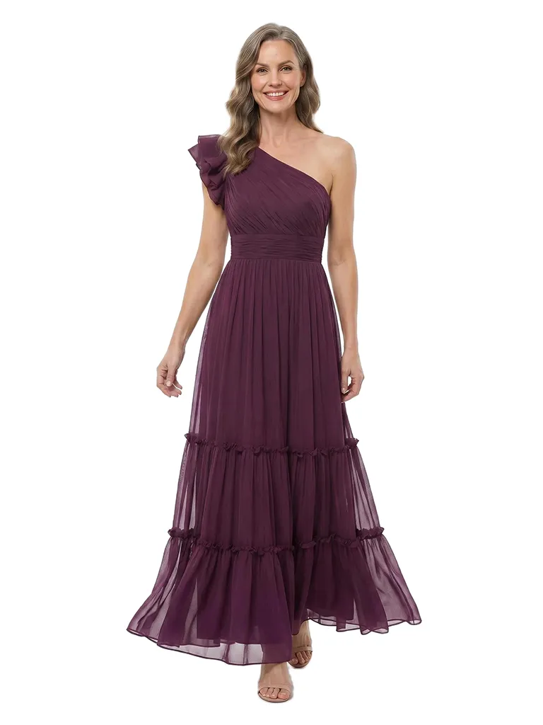 ChicSew One Shoulder Ruffle Chiffon Tiered A-Line Long Mother of the Bride Dress sold by ChicSew