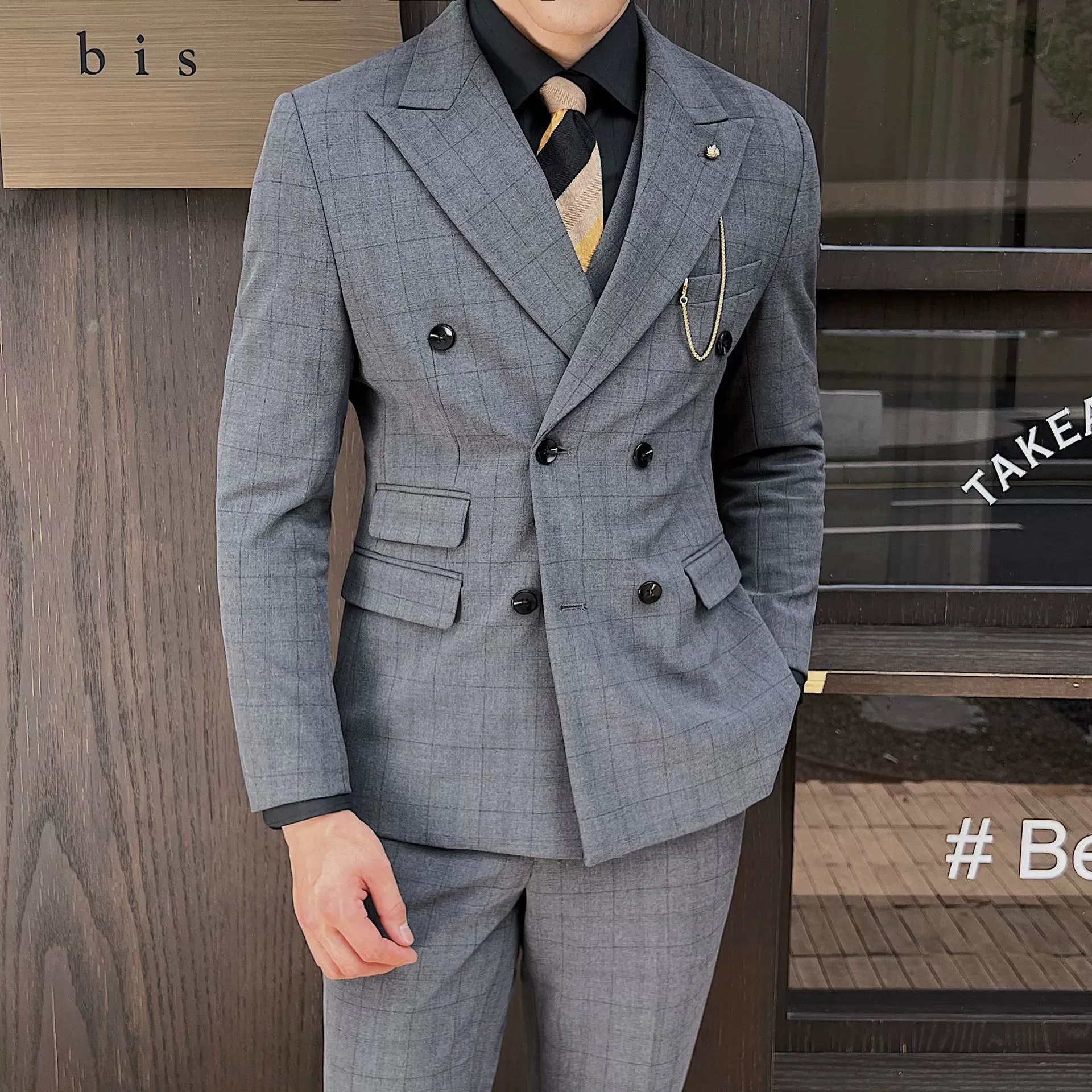 Grey Classic 2 Piece Men's Suit British Slim Men Double-breasted Plaid Suit sold by ChicSew