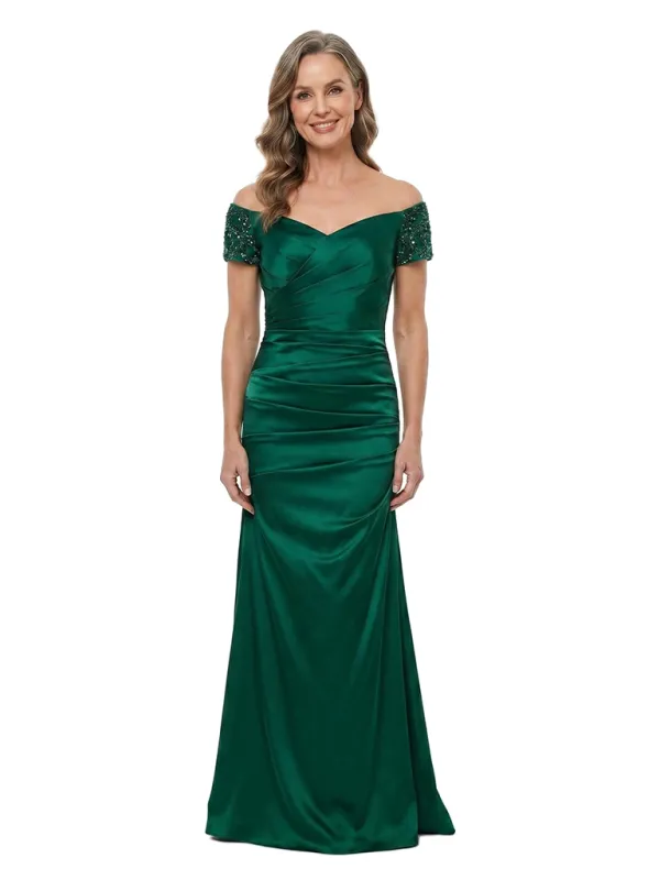 ChicSew Off The Shoulder Ruched Satin Mermaid With Beaded Short Sleeve Mother of the Bride Dress made by ChicSew